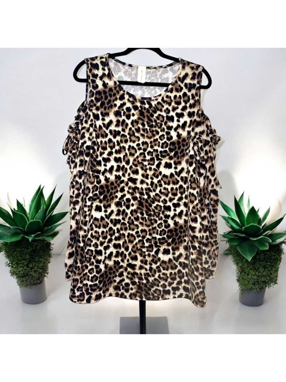 Now N Forever Black Brown Leopard Long Sleeve Blouse with Cold Shoulder 1X
